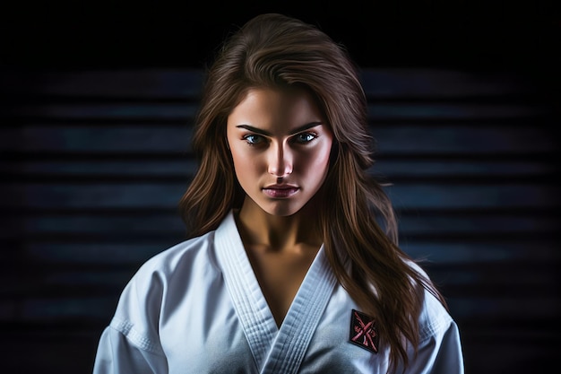 Photo portrait d'une jeune et belle femme en kimono sur un fond sombre