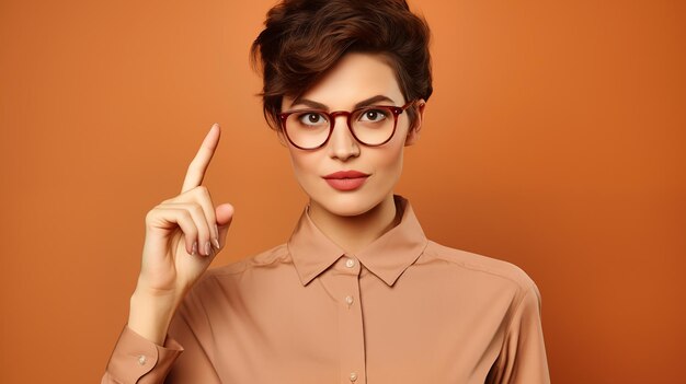 Portrait d'une jeune et belle femme en lunettes sur un fond brun