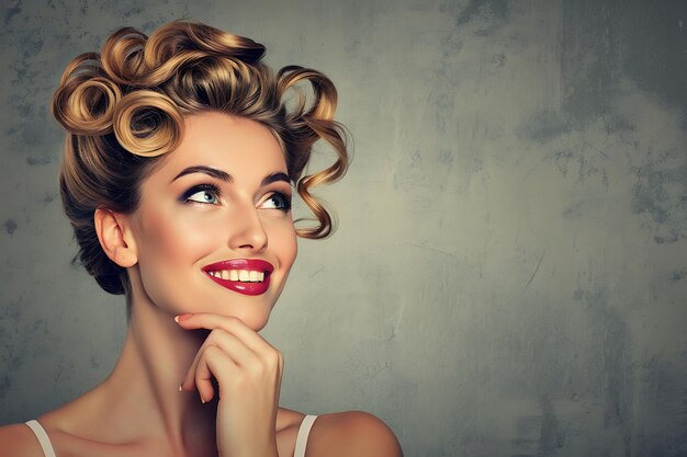 Photo portrait d'une jeune et belle femme souriante pensant rêvant