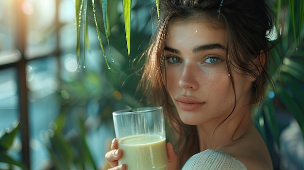 Portrait d'une jeune et belle femme tenant un verre de smoothie