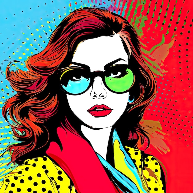 Photo portrait d'une jeune et belle jeune fille à la mode en lunettes sur un fond lumineux dans le style du pop art