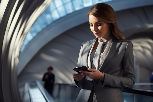 Photo portrait d'une jeune brune blonde regardant son téléphone portable dans la gare d'une ville animée