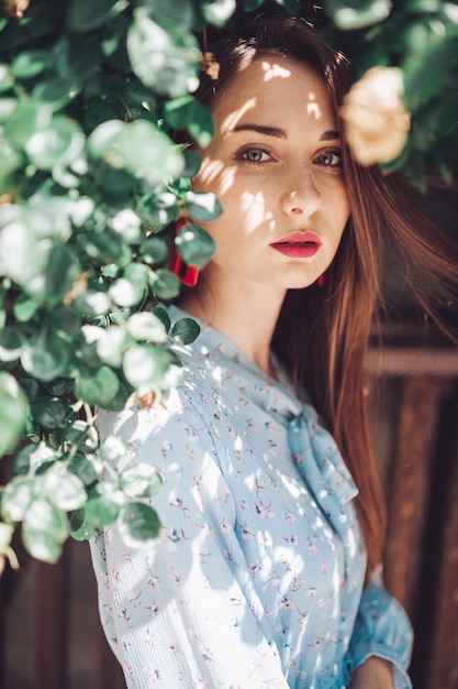 portrait, jeune, brunette, modèle, buissons