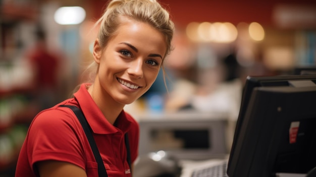 Portrait d'une jeune caissière dans une épicerie