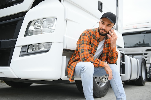 Portrait d'un jeune camionneur barbu debout à côté de son camion Service de transport Travail de chauffeur de camion