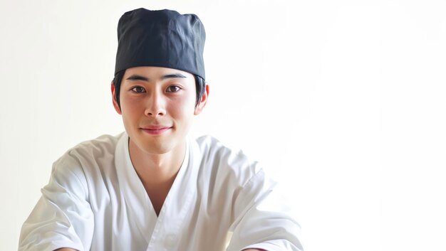 Photo portrait d'un jeune chef japonais souriant en uniforme un chef un itamae ou maître chef de sushi