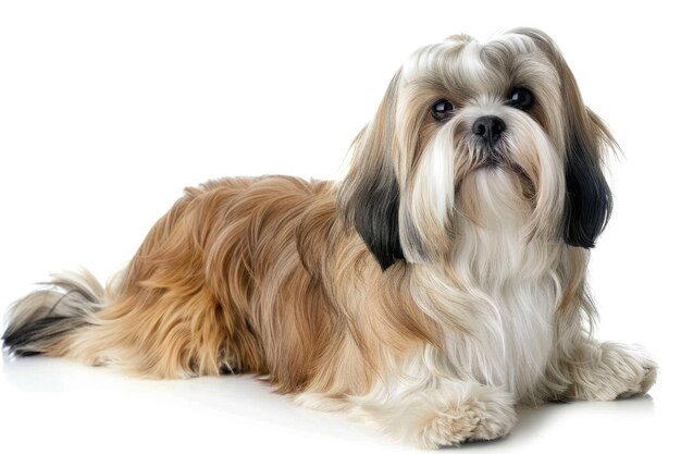 Photo portrait d'un jeune chien de compagnie de race lhasa apso avec un beau pelage à poil long sur fond blanc