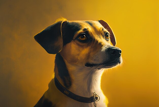 Portrait d'un jeune chien à l'expression solennelle et au regard lointain sur fond jaune