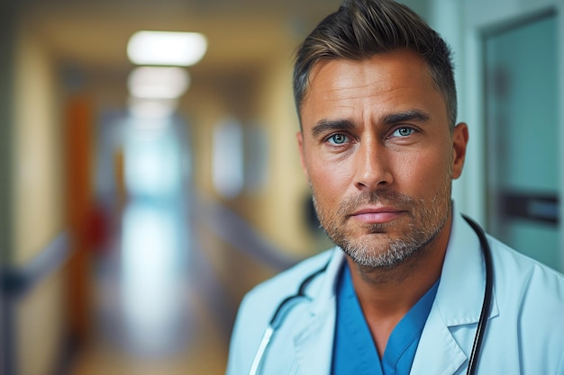 Portrait d'un jeune chirurgien inquiété dans le couloir d'une clinique hospitalière.