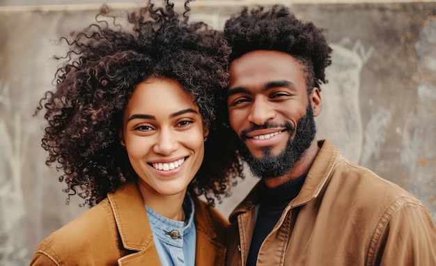 Photo portrait d'un jeune couple africain heureux moderne avec des cheveux bouclés une belle femme et un homme ensemble