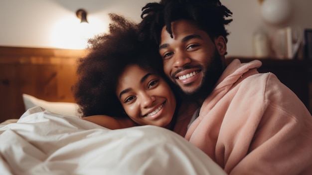 Un portrait d'un jeune couple afro-américain heureux qui se détend dans un lit confortable en regardant la caméra sourit amusant