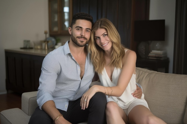 Portrait d'un jeune couple assis dans le salon de leur maison