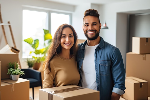 Portrait de jeune couple debout dans un nouvel appartement Guy et dame posant après avoir emménagé dans son propre appartement