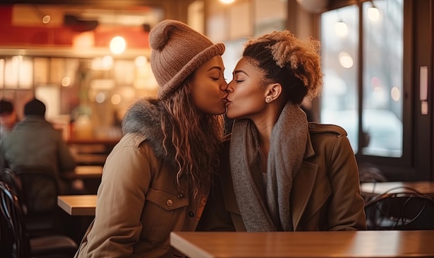 Portrait d'un jeune couple lesbien souriant au caffe Generative AI