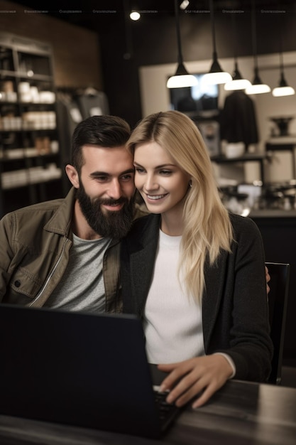 Portrait d'un jeune couple utilisant un ordinateur portable ensemble dans leur magasin