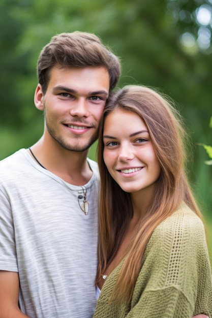 Portrait d'un jeune couple vivant en commun profitant du plein air ensemble créé avec une IA générative