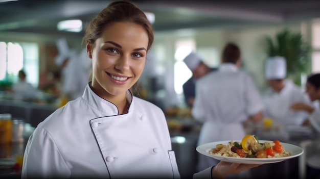Portrait d'une jeune cuisinière souriante debout avec des légumes coupés dans la cuisine