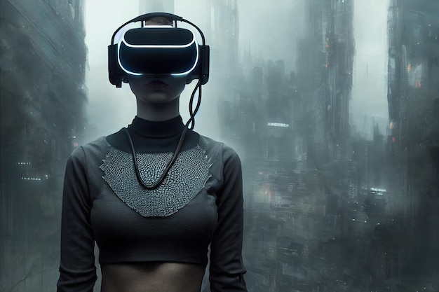 Portrait de jeune cyber fille porte des lunettes de réalité virtuelle de science-fiction rougeoyantes sur fond de métropole