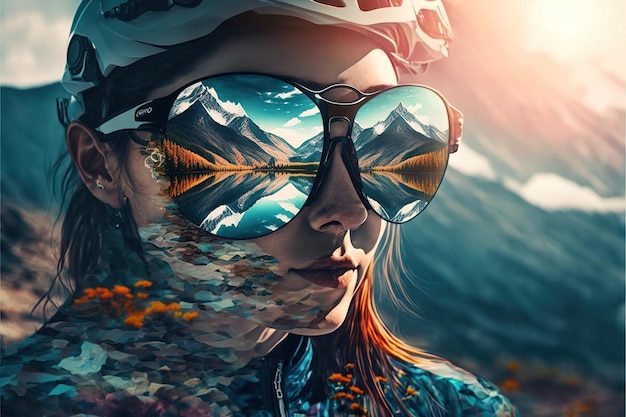 Portrait de jeune cycliste portant des lunettes de soleil avec un merveilleux reflet de la montagne