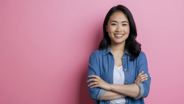 Photo portrait d'une jeune dame asiatique à l'expression positive, les bras croisés, le sourire, largement habillée en casua.