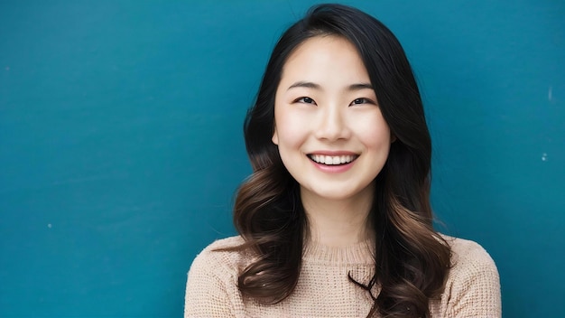 Portrait d'une jeune dame asiatique souriante avec une expression joyeuse