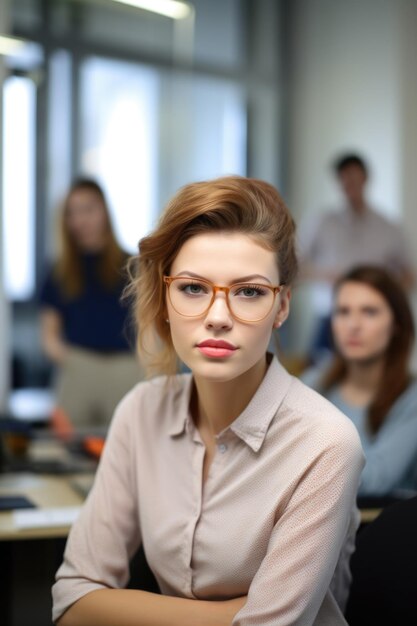 Portrait d'une jeune designer assise dans un bureau avec ses collègues flou en arrière-plan