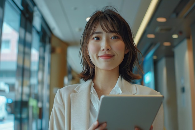 Portrait d'une jeune dirigeante d'entreprise japonaise travaillant sur une tablette dans un immeuble de bureaux moderne Spécialiste asiatique confiant cherchant des documents en ligne et souriant dans le couloir