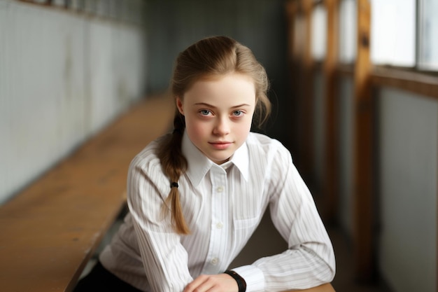 Portrait d'une jeune écolière amicale dans la salle de l'école