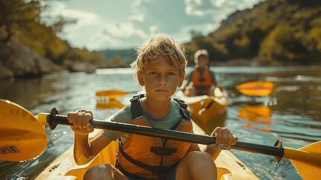 Photo portrait d'un jeune enfant heureux faisant du kayak dans la rivière par eux-mêmes avec un grand fond flou avec un grand espace pour le texte ou le produit ia générative