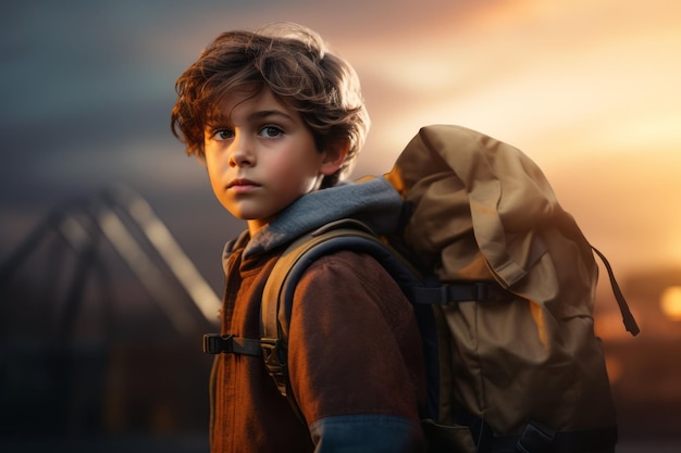 Portrait d'un jeune enfant avec un sac à dos regardant la caméra avec un ciel de coucher de soleil dramatique en arrière-plan transmettant un sentiment d'aventure et d'exploration