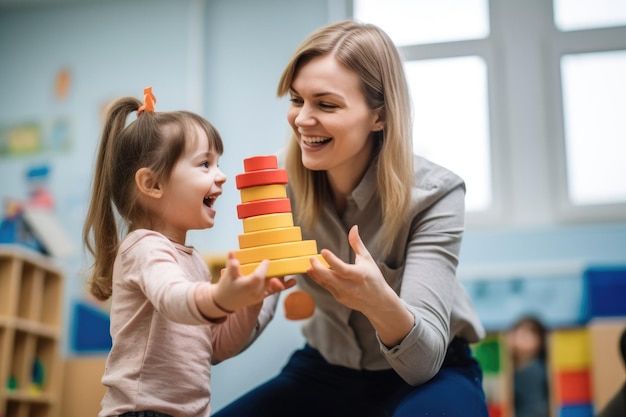 Portrait d'une jeune enseignante soulevant son élève pendant la récréation créée avec une IA générative