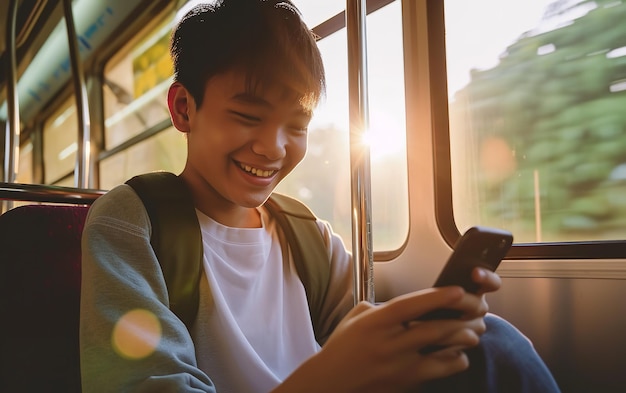 Portrait d'un jeune étudiant asiatique heureux en train de discuter au téléphone dans un bus près d'une fenêtre avec un grand espace de copie IA générative