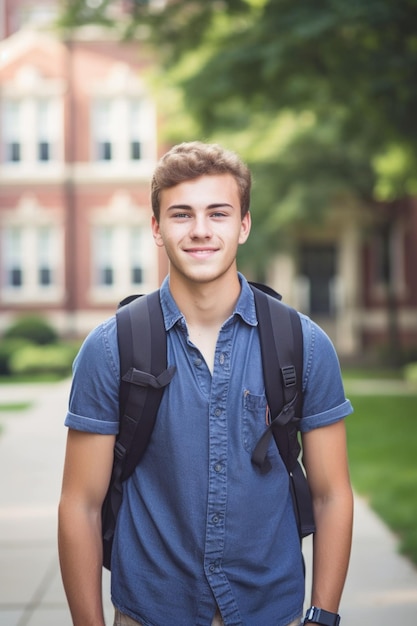 Portrait d'un jeune étudiant confiant sur le campus créé avec une IA générative