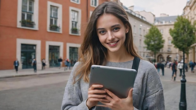Portrait d'une jeune étudiante debout près d'un bâtiment dans la rue tenant une tablette et souriante