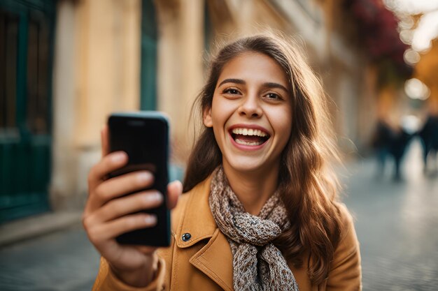 Portrait d'une jeune étudiante heureuse et surprise avec un smartphone à la main Expression de réaction des émotions humaines