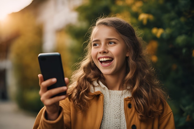 Portrait d'une jeune étudiante heureuse et surprise avec un smartphone à la main Expression de réaction des émotions humaines