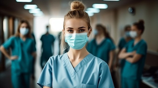 Portrait d'une jeune étudiante en soins infirmiers debout avec son équipe à l'hôpital vêtue d'un uniforme.