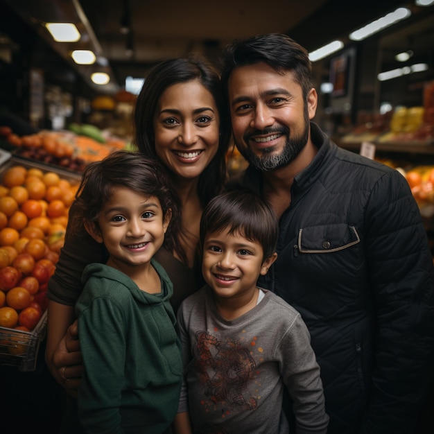 Portrait d'une jeune famille indienne heureuse debout dans une épicerie ou un supermarché