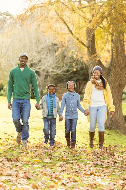 Portrait d&#39;une jeune famille souriante marchant