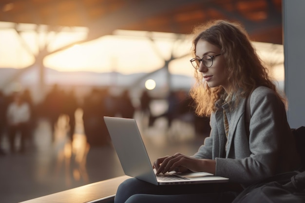 Portrait d'une jeune femme d'affaires à l'aéroport Utilisez un ordinateur portable dans le hall des médias sociaux