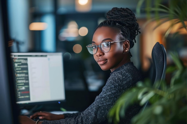 Photo portrait d'une jeune femme d'affaires afro-américaine travaillant sur un ordinateur au bureau