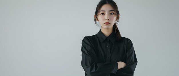 Photo portrait d'une jeune femme d'affaires asiatique debout avec les bras croisés sur un fond blancélégance en monochrome veste professionnelle avec confiance