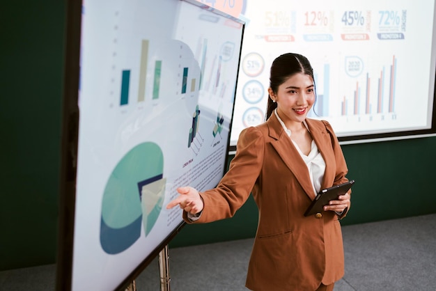 Portrait d'une jeune femme d'affaires asiatique intelligente utilisant sa tablette numérique tout en se tenant au bureau Un homme d'affaires portant un blazer tout en utilisant une tablette pour se rencontrer avec le sourire