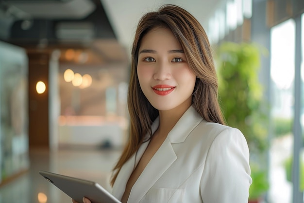 Portrait d'une jeune femme d'affaires asiatique avec une tablette dans son bureau