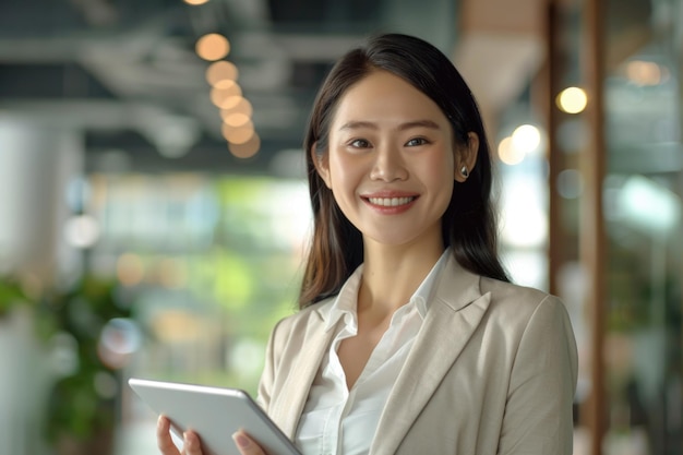 Portrait d'une jeune femme d'affaires asiatique avec une tablette dans son bureau