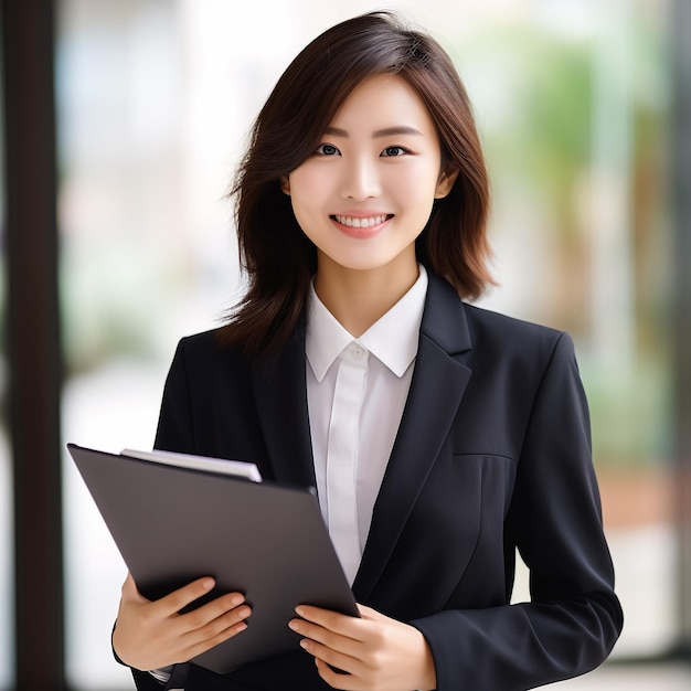 Portrait d'une jeune femme d'affaires asiatique utilisant une tablette numérique gestionnaire professionnel tenant une tablette numérique en utilisant des applications logicielles debout devant un bâtiment d'affaires moderne