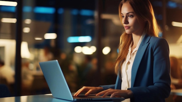 Portrait d'une jeune femme d'affaires assise à son bureau et travaillant tard devant l'ordinateur