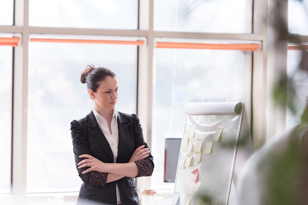 portrait de jeune femme d'affaires au bureau moderne avec tableau à feuilles mobiles et grande fenêtre en arrière-plan