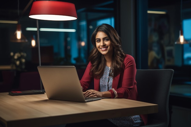 Portrait d'une jeune femme d'affaires blanche prospère assise à son bureau et travaillant sur un ordinateur portable en C