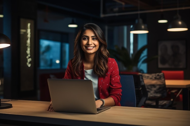 Portrait d'une jeune femme d'affaires blanche prospère assise à son bureau et travaillant sur un ordinateur portable en C